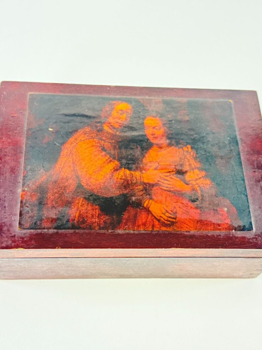 Vintage Wooden Box With Hinged Lid & Painted Portrait Decal Rustic Storage Decor